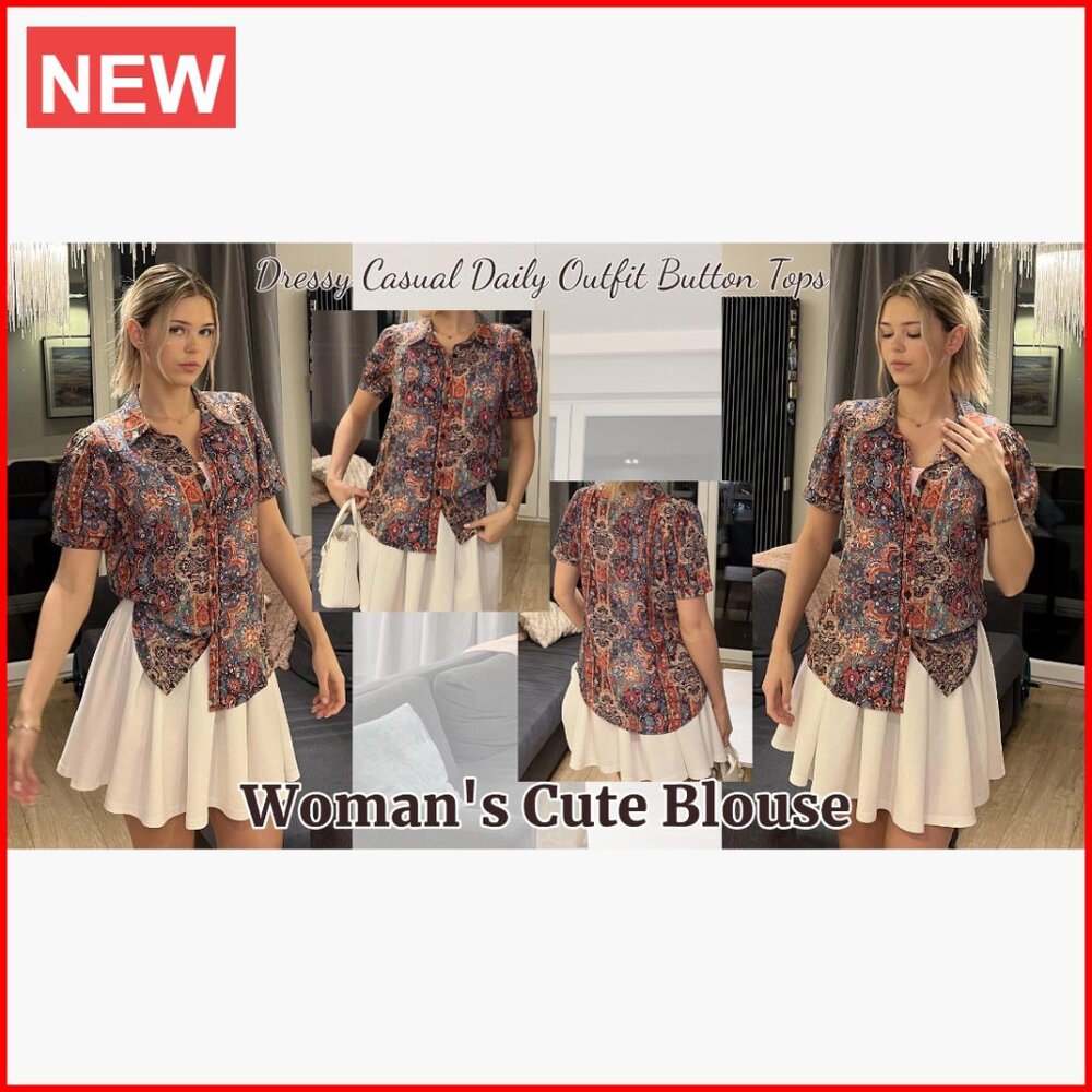Polyester Chiffon Button Down Shirt Puff Short Sl… - image 7